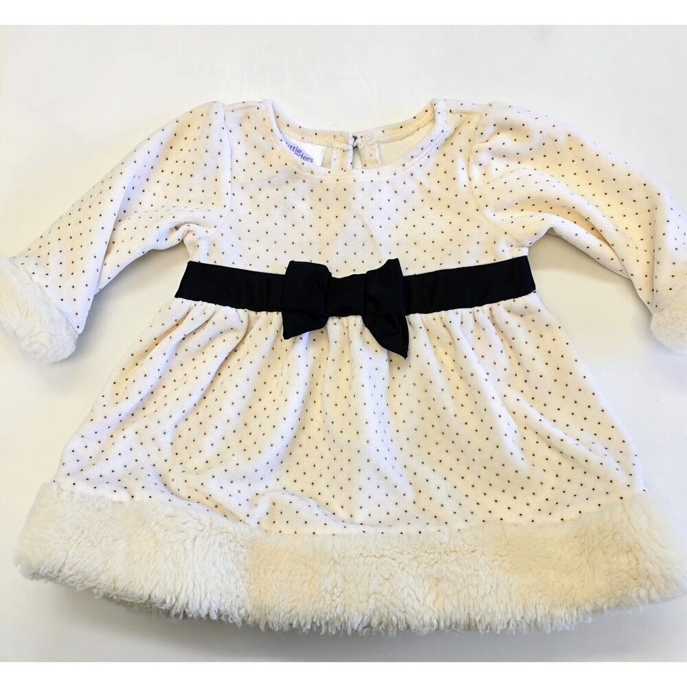 Little Wonders Baby Holiday Dress Cream And Gold Dot Velvet Fur Trim 3-6Month